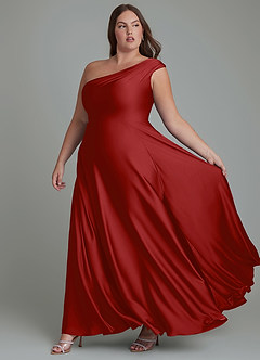 Azazie Melanie Bridesmaid Dresses Pomegranate A-Line Off the Shoulder Stretch Satin Dress image10