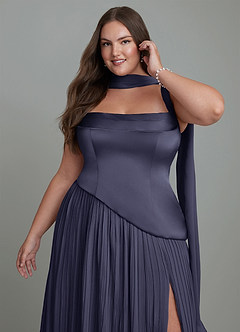 Azazie Stephanie Robes de demoiselle d'honneur Robe Trapèze en Satin extensible Plissé Bleu Orageux image13