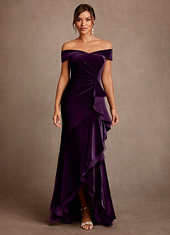 Azazie Billings 신부의 어머니 드레스 인어 오프 더 숄더 벨벳 비대칭 드레스 image1