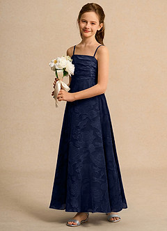 Azazie Pebbles Junior Formal Flower Girl Dresses Dark Navy A-Line Pleated Floral Burnout Dress image5
