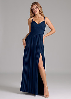 Azazie Vini Bridesmaid Dresses Dark Navy A-Line Pleated Stretch Satin Dress image1