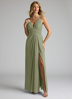 Azazie Maren Allure Bridesmaid Dresses Pistachio A-Line V-Neck Lace Chiffon Dress image1