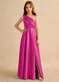 Azazie Puddles Girls Formal Abiti da Ragazza di Fiori Abito A-Line in Raso Elasticizzato Monospalla Fucsia image1