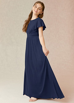 Azazie Mosley Junior Dark Navy A-Line Ruched Mesh Dress image3