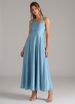 Azazie Shaude Bridesmaid Dresses Steel Blue A-Line Pleated Stretch Satin Dress image4