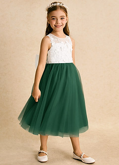 Azazie Lina Flower Girl Dresses Ivory Dark Green Ball-Gown Lace Dress image3