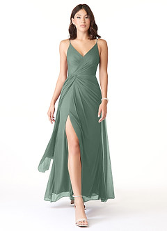 Azazie Evalin Bridesmaid Dresses Eucalyptus A-Line V-Neck Pleated Mesh Dress image1
