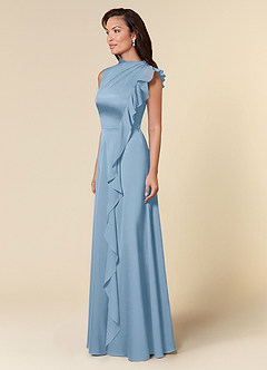 Azazie Narine Abiti per la Madre della Sposa Abito A-Line in Raso Elasticizzato Scollo alto plissettato Azzurro Polvere image2