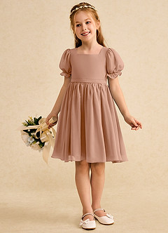 Azazie Jolie Flower Girl Dresses Champagne Rose A-Line with Sleeves Chiffon Dress image4