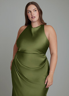 Azazie Evadne Bridesmaid Dresses Olive Sheath Pleated Stretch Satin Dress image9