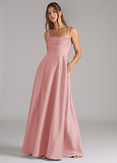 Azazie Shaude Bridesmaid Dresses Powder Pink A-Line Pleated Stretch Satin Dress image4