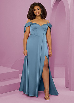 Barbie ♥ Azazie Brautjungfernkleider A-Linie Schulterfrei Stretch-Satin Kleid Stahlblau image8
