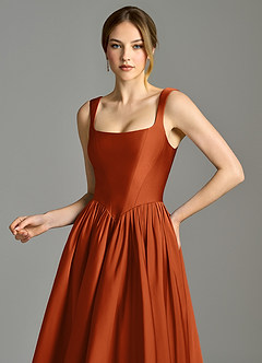 Azazie Verina Bridesmaid Dresses Burnt Orange A-Line Pleated Stretch Satin Dress image2