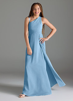 Azazie Dallas Junior Robe Trapèze en Mousseline de soie Plissée Acier Bleuté image1