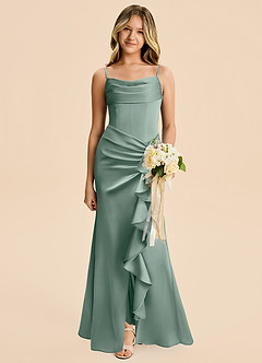 Azazie Rosalia Junior Silver Sage Sheath Pleated Stretch Satin Dress image1