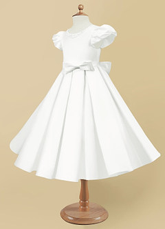 Azazie Jewel Flower Girl Dresses Ivory Ball-Gown Pleated Matte Satin Dress image6