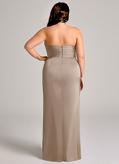 Azazie Jemma Bridesmaid Dresses Taupe Sheath Pleated Stretch Satin Dress image9