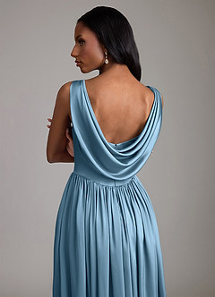 Azazie Novi Vestidos de madrinha de casamento Vestido Aço Azul de Cetim elástico de Linha A com com bolsos image4