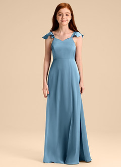 Azazie Everett Junior Steel Blue A-Line Bow Stretch Satin Dress image6