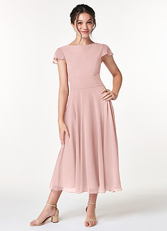 Azazie Payton Junior Vestido de Rosa Empolvado de Gasa de Corte en A con Lazo image1