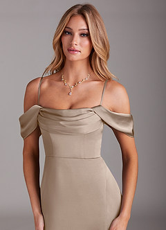 Azazie Saige Bridesmaid Dresses Taupe Sheath Off the Shoulder Stretch Satin Dress image2