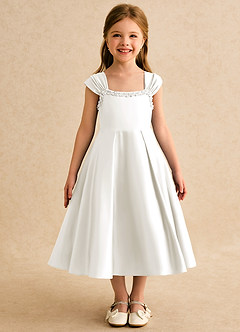 Azazie Yosemite Jurken voor bloemenmeisjes Baljurk Jurk van Mat Satijn Sweetheart Halslijn Ivoor image4