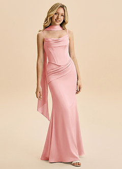 Azazie Sorrel Junior Powder Pink Mermaid Ruched Stretch Satin Dress image1