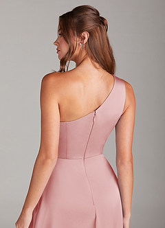 Azazie Brooke Bridesmaid Dresses Powder Pink A-Line One Shoulder Stretch Satin Dress image3