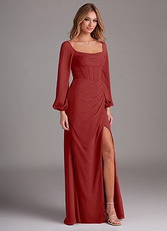 Azazie Charissa Robes de demoiselle d'honneur Robe Fourreau en Mousseline de soie Manche longue Rouille image5