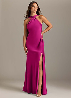 Azazie Kinsley Bridesmaid Dresses Fuchsia Mermaid Side Slit Stretch Satin Dress image1