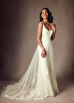 Azazie Ebony Abiti da Sposa Abito A-Line in Raso con Retro in Crepe Lustrini Crema image1