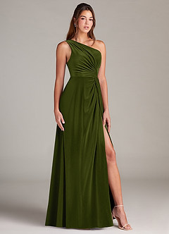 Azazie Brooke Bridesmaid Dresses Olive A-Line One Shoulder Velvet Dress image3