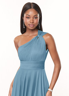Azazie Charlize Brautjungfernkleider A-Linie One-Shoulder Gittergewebe Kleid Stahlblau image5
