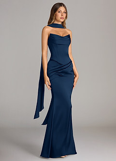 Azazie Sorrel Brautjungfernkleider Wandelbar Meerjungfrau-Linie Schulterfrei Stretch-Satin Kleid Dunkelmarine image3