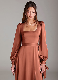 Azazie Leonia Bridesmaid Dresses Clay A-Line Long Sleeve Stretch Satin Dress image6