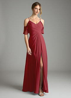 Azazie Dakota Bridesmaid Dresses Pomegranate A-Line V-Neck Pleated Chiffon Dress image3