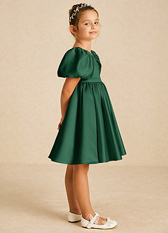 Azazie Muffin Flower Girl Dresses Dark Green A-Line with Sleeves Matte Satin Dress image3