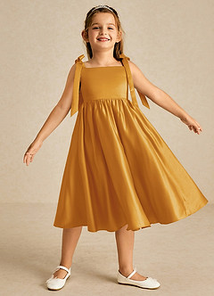 Azazie Chelsie Flower Girl Dresses Butterscotch A-Line Bow Matte Satin Dress image1