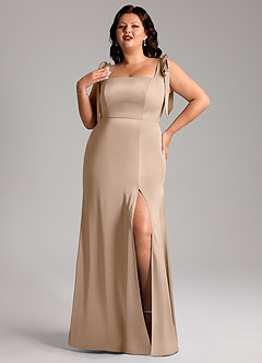 Azazie Frostine Bridesmaid Dresses Taupe A-Line Bow Stretch Satin Dress image9