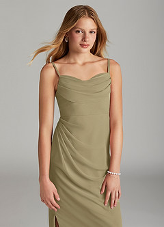 Azazie Mai Junior Vestido de Musgo Verde de Gasa de Recto con Plisado image5