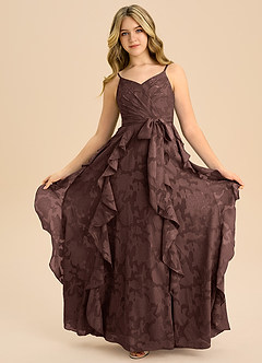 Azazie Peyton Junior Espresso A-Line Pleated Floral Burnout Dress image3