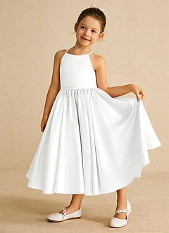 Azazie Sunray Flower Girl Dresses Diamond White A-Line Spaghetti Strap Matte Satin Dress image4