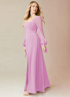 Azazie Leonia Bridesmaid Dresses Candy Pink A-Line Long Sleeve Chiffon Dress image4