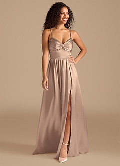 Azazie Zeya Bridesmaid Dresses Taupe A-Line Pleated Metallic Satin Dress image1