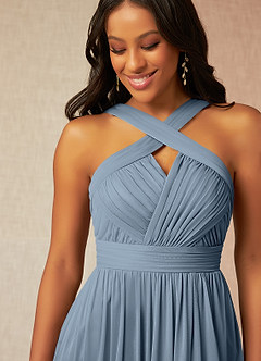 Azazie Hillian At-home Try On Dresses Agave A-Line Halter Pleated Mesh Dress image5