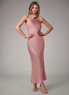 Azazie Velli 신부 들러리 드레스 쉬스 하이넥 스트레치 새틴 발목 길이 드레스 image1