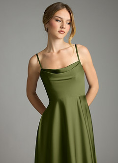 Azazie Elle Bridesmaid Dresses Olive A-Line Pleated Stretch Satin Dress image2