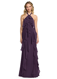 Azazie Velma Bridesmaid Dresses Plum A-Line Side Slit Chiffon Dress image1