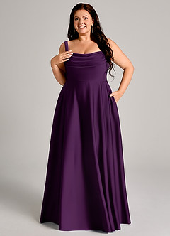 Azazie Shaude Bridesmaid Dresses Grape A-Line Pleated Stretch Satin Dress image11