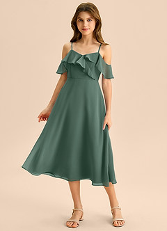 Azazie Kamilla Junior Abito A-Line in Chiffon a Spalla Scoperta Muschio Marino image1
